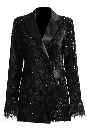 Zapaka Sparkly Black Peak Lapel Sequins Women Blazer with Feathers